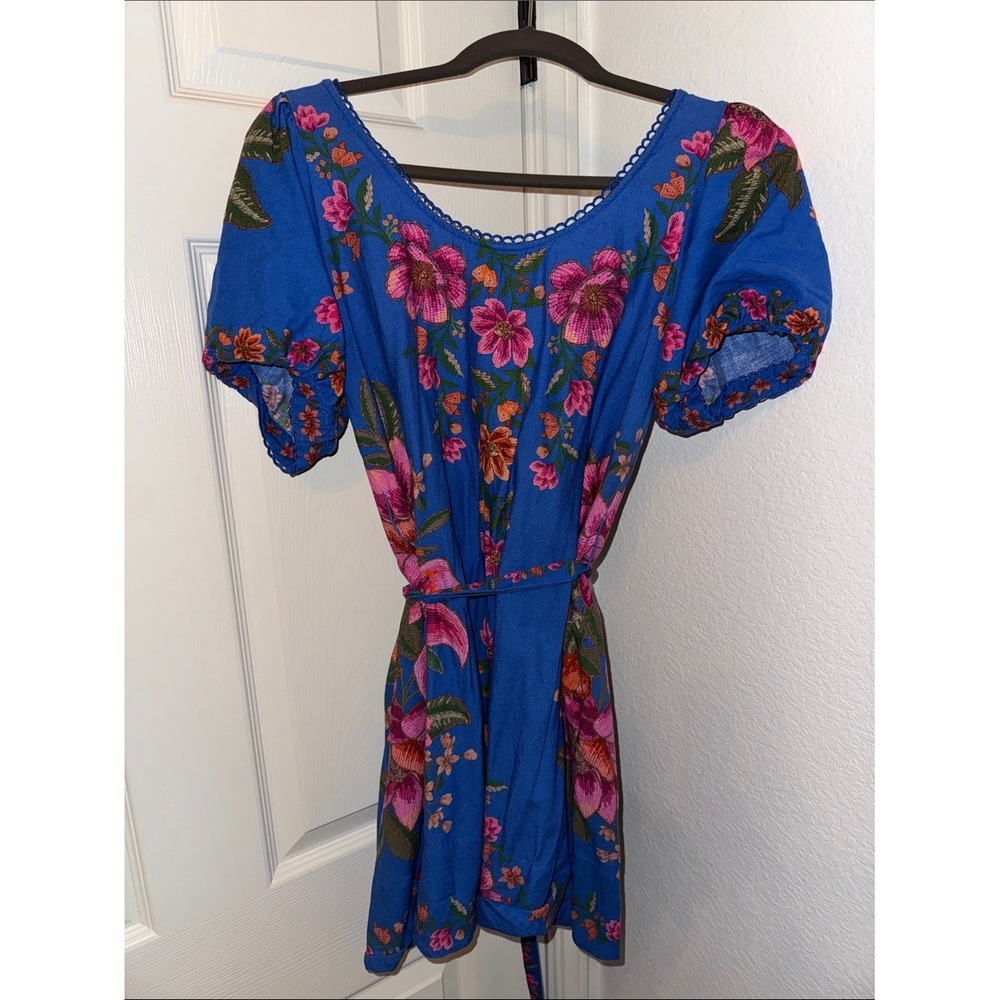 FARM Rio Blue Floral Puff Sleeve Mini Dress with Pink Blooms - Picture 3 of 4